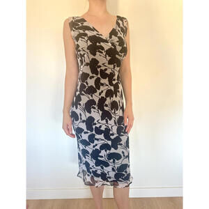 Vintage 100% Silk Black and White Floral Midi Dress